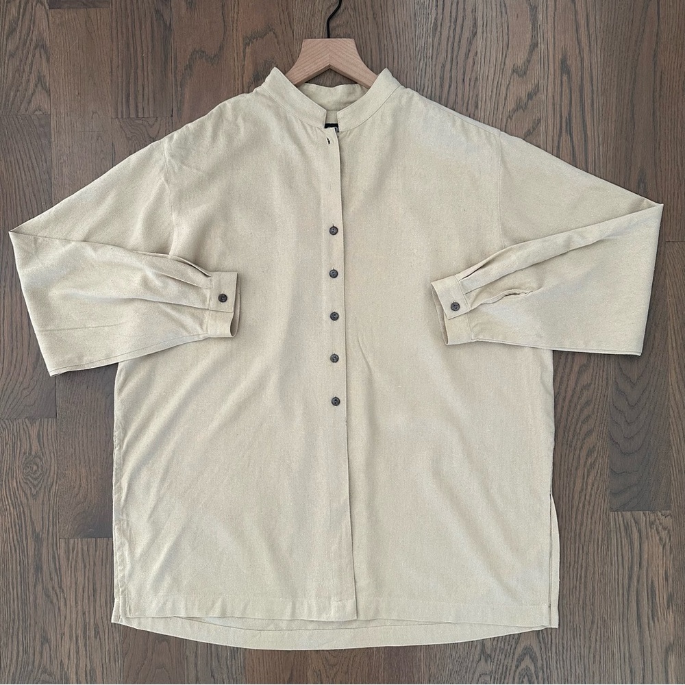 Vintage 100% Raw Silk Stand Collar Tunic Blouse in Golden Beige Tan Medium - Picture 6 of 9